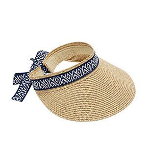 Sea & Grass Straw Visor With Ribbon Tie Navy Blue Nautical Beachy Hat